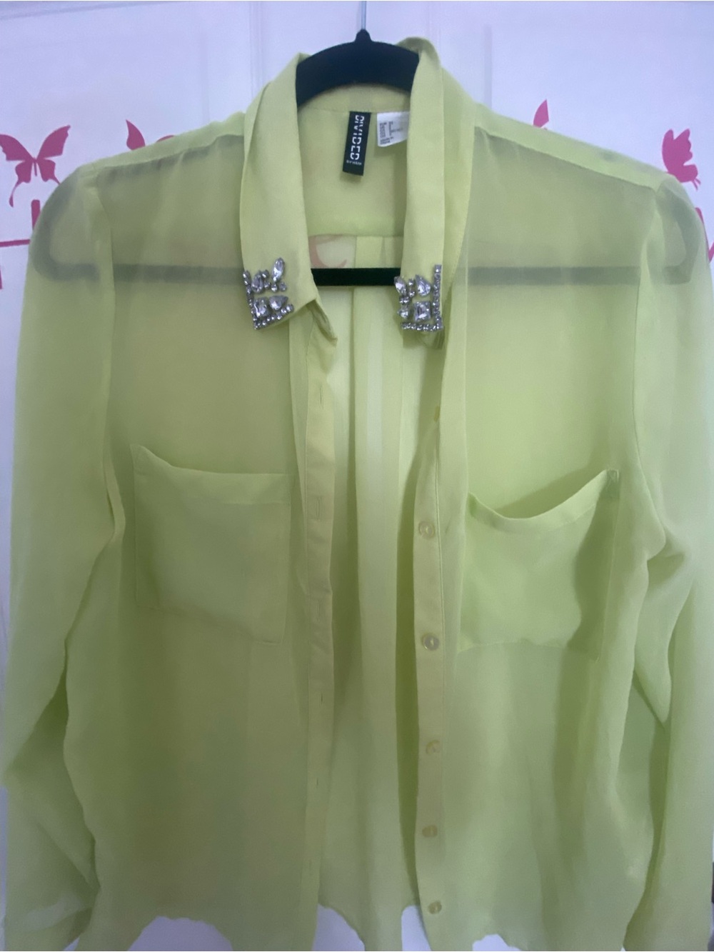 Divided Sheer Lime Green Button-Down Blouse with Jeweled Collar